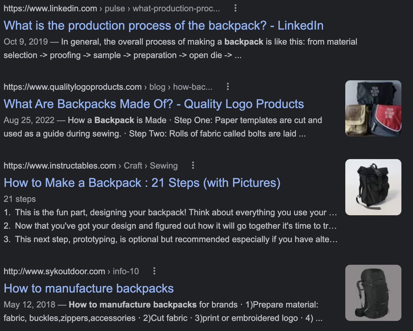Google Results for How To Manufacture a Backpack